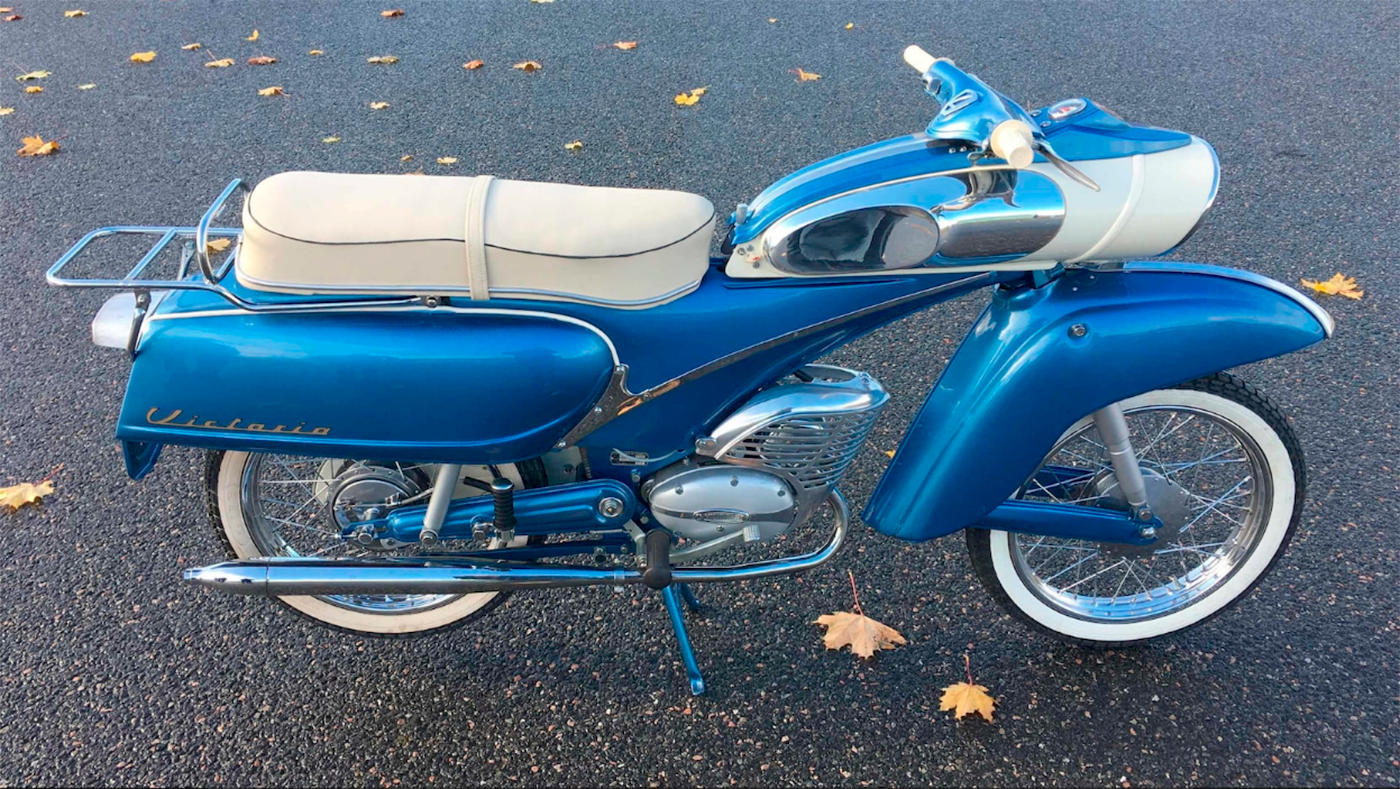 A legendary motorcycle for its beauty, the Victoria Model 115 was produced from 1961 to 1965 as the Zweirad Union 115, DKW Hummel 115, Victoria 115, Express 115 and Cavalier 115, all instantly recognizable because of distinctly different color schemes, and all emanating from German brands of the sixties.