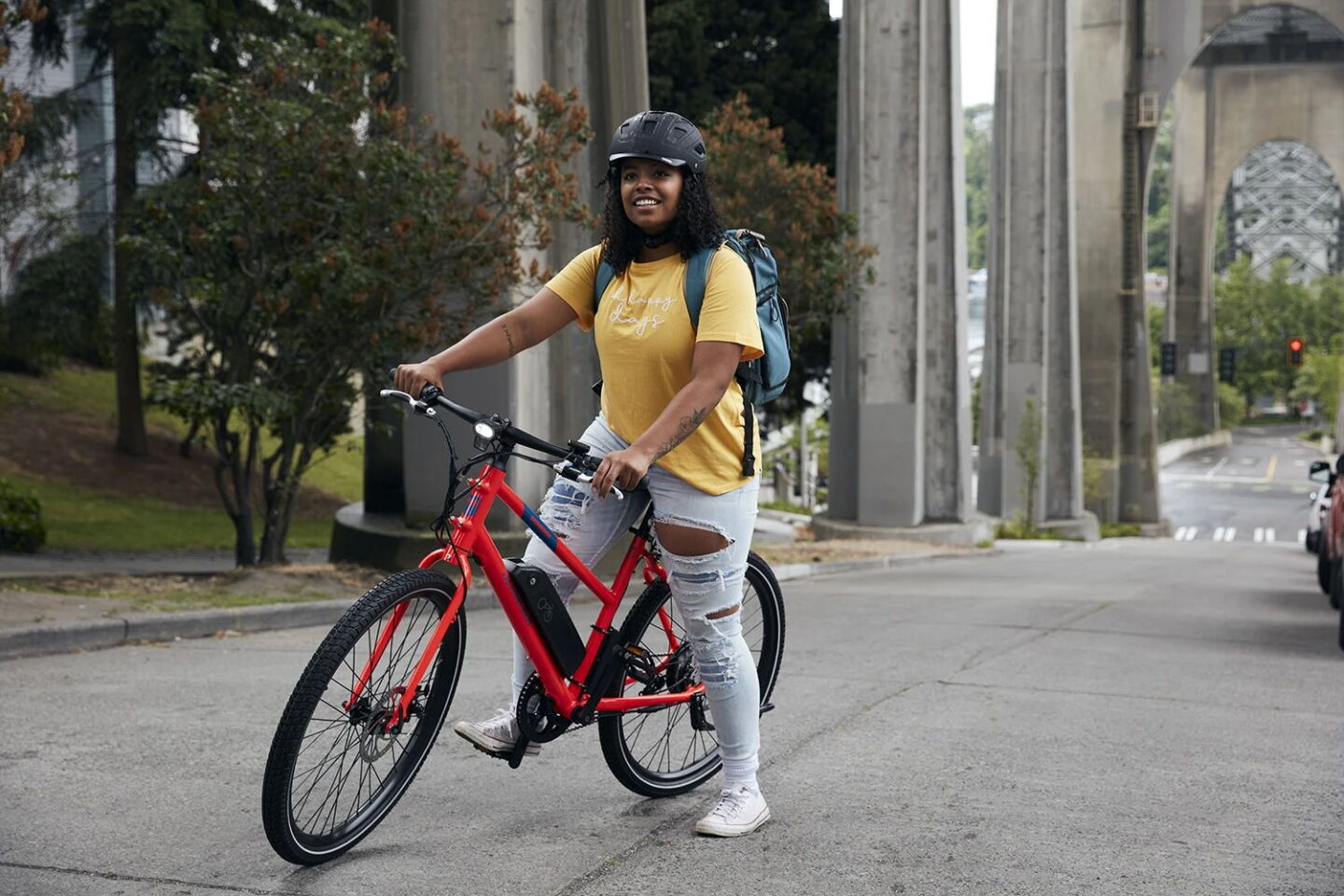 The RadMission electric metro bike is available with mid-step (shown) or high-step frames