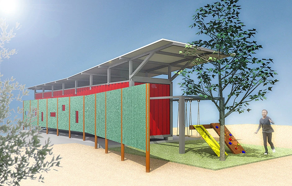 The most radical addition to the container is a horizontal solar shade - an expansive second roof above the container preventing solar radiation directly arriving at the classroom's outer surfaces thanks to the buffer of air between
