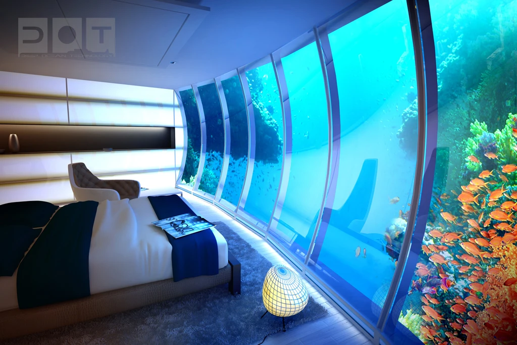 Artist's rendering of the view from an underwater guestroom at the Water Discus hotel