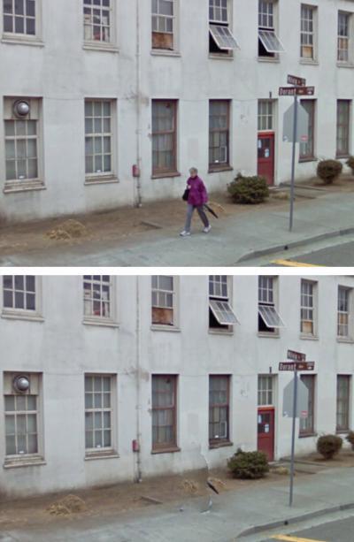 A pedestrian is removed from a Google Street View image using experimental new software (note the umbrella and feet left behind)