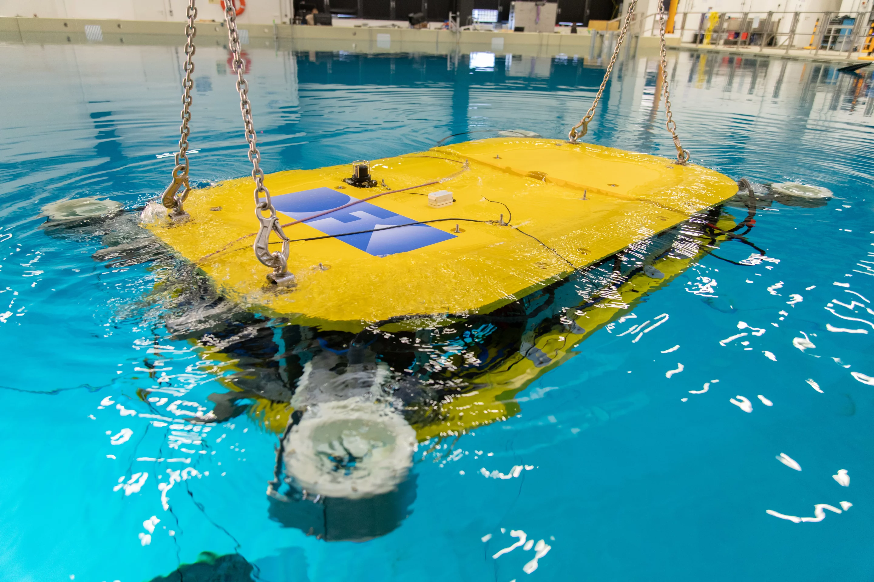 Pictured here going for a test dive in a pool, the Cuttlefish can be equipped with peripheral devices such as sonar sensors, laser scanners and magnetometers