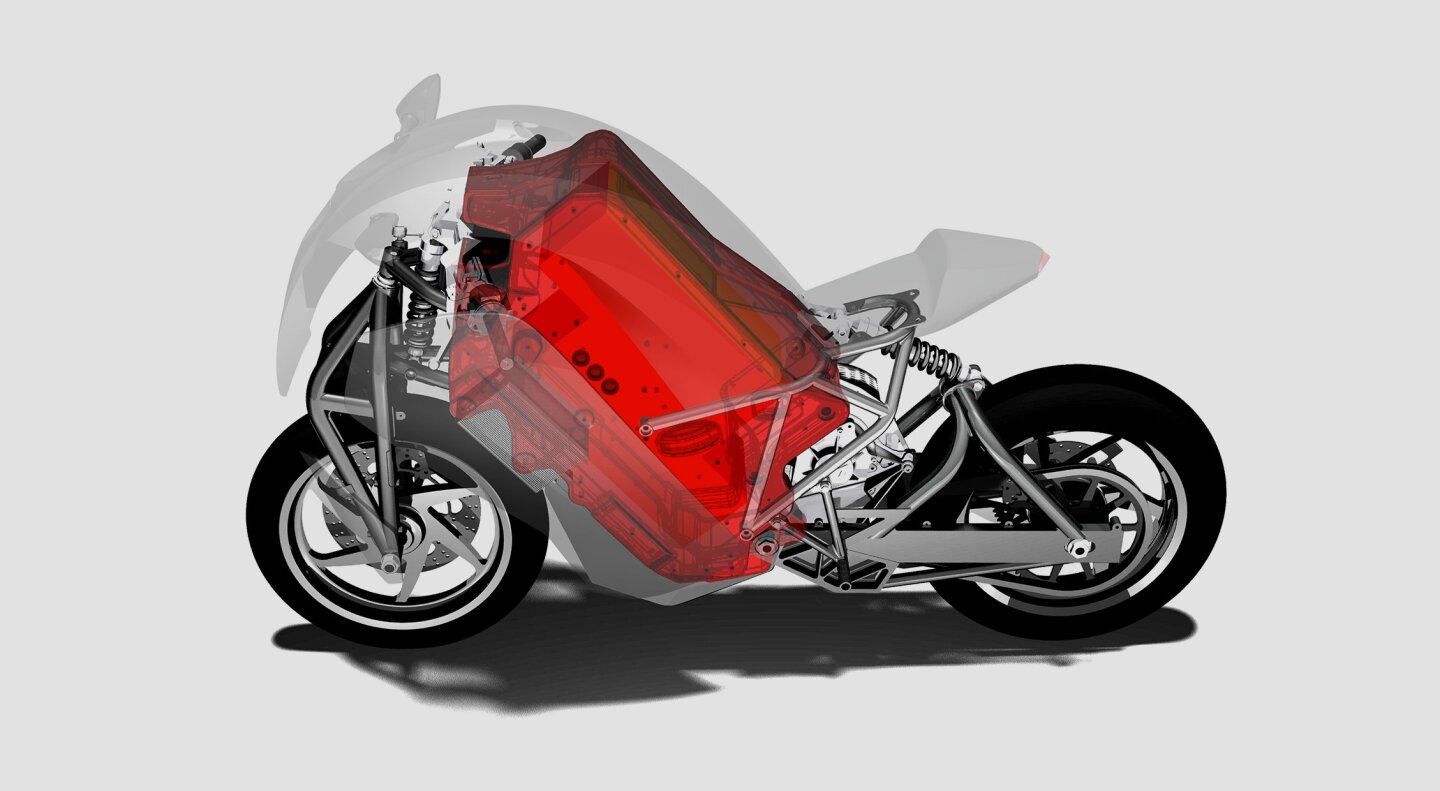 The Saietta's diagonally-mounted battery envelope is actually a structural component of the motorcycle