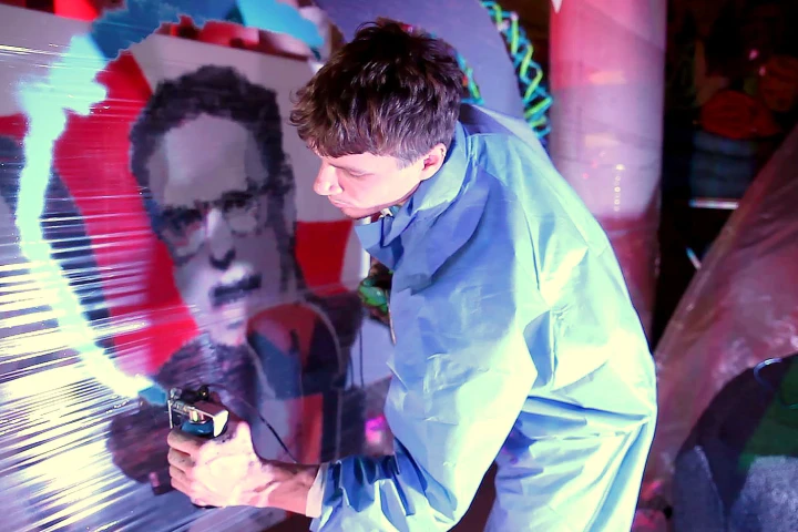 SprayPrinter allows users to create works of art using a blank wall or other surface as a canvas – here it is painting a portrait of Discovery Channel's Daily Planet co-host Dan Riskin