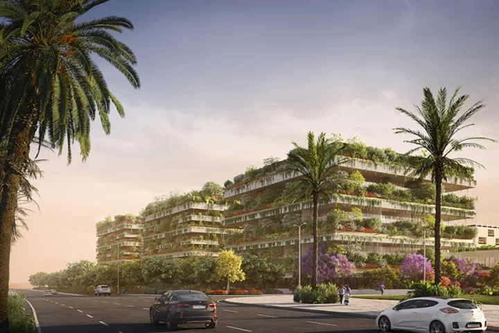 The buildings will host 350 trees and over 14,000 shrubs and perennials