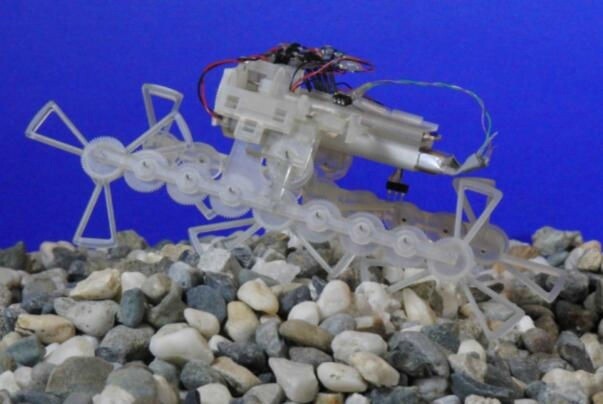 Each of the legs has three spokes measuring 2.8 cm (1.1 in) with a 90-degree gap between them, which allow it to crawl over obstacles 4 cm (1.6 in) higher than if it just had wheels