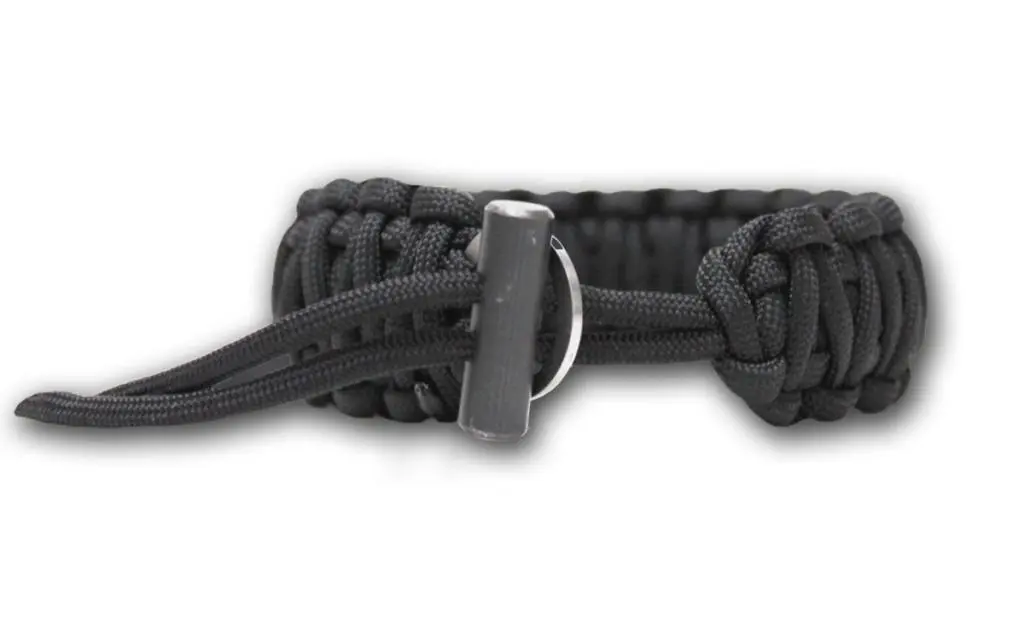The Bison Designs Flint and Steel gives you a knife, firestarting flint and 15 feet of paracord in a bracelet