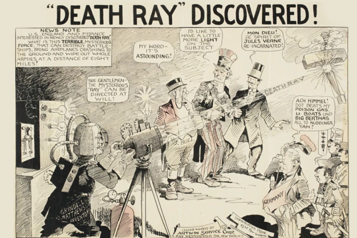 Artwork from a 1924 newspaper cartoon illustrating the media hype around the "death ray", a weapon system claimed to have been invented by Harry Grindell Matthews and others (inc. Guglielmo Marconi and Nikola Tesla).