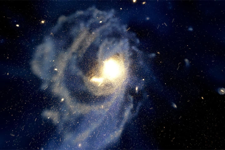 A computer simulation of a spiral galaxy, like the Milky Way, forming. These simulations suggest that the outer halo is made up of stars from other galaxies