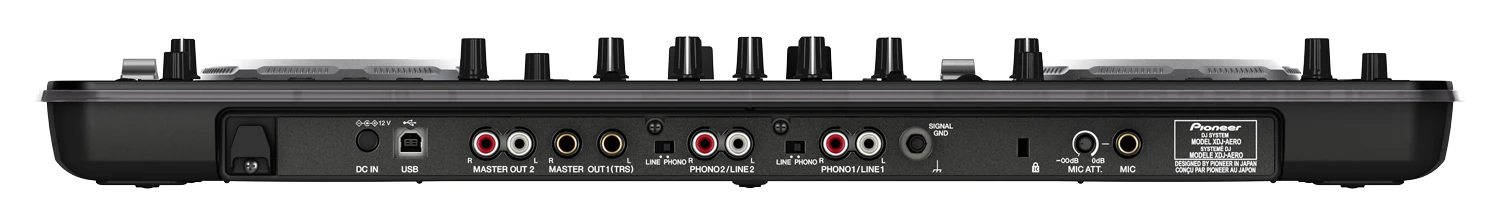 The system features a 6.4 mm audio jack and an RCA out for master outputs, two 6.4 mm headphone out ports, two RCA inputs and one 6.4 mm microphone jack