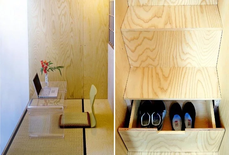 The design features a simple staircase that conceals storage drawers and provides access to the upper meditation zone