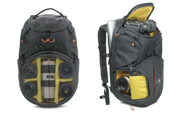 The Kata Revolver-8 backpack stores a DSLR camera and up to five lenses in a rotating internal chamber for quick and easy access