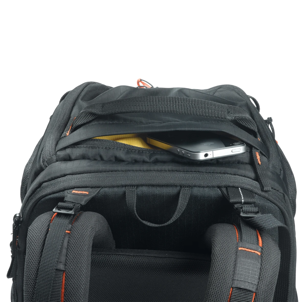 A small pocket on top of Kata's camera bag stores a cell phone, wallet, keys, and other personal items