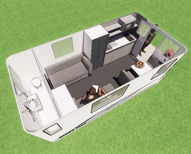 One of the standard base floor plans includes a full-width rear dry bathroom, central living area/bedroom and front kitchen/dining area