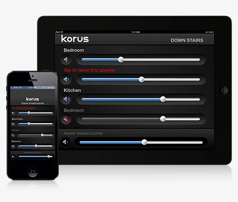 The Korus volume control app can set the output of up to four Korus speakers