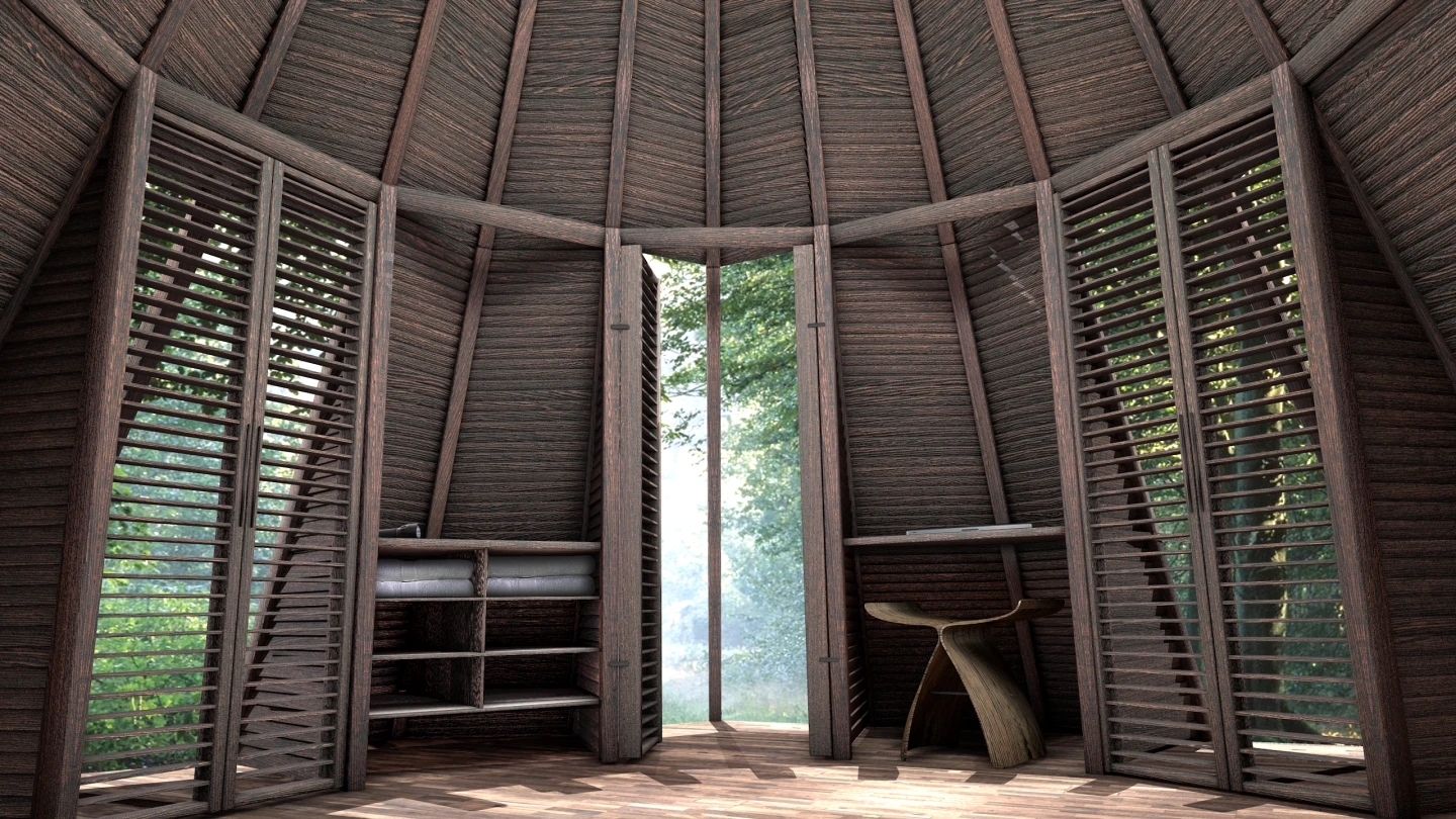 The structure comprises a wooden frame, covered in slatted wooden panels, which Gibbon hopes to source from whichever area the Nook is to be installed