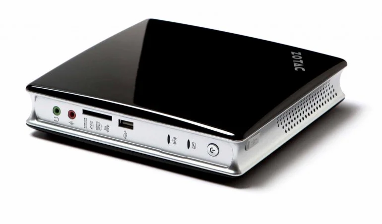 The 7.4 x 7.4 x 1.73in ZBOX HD-ID11 mini-PC laid flat