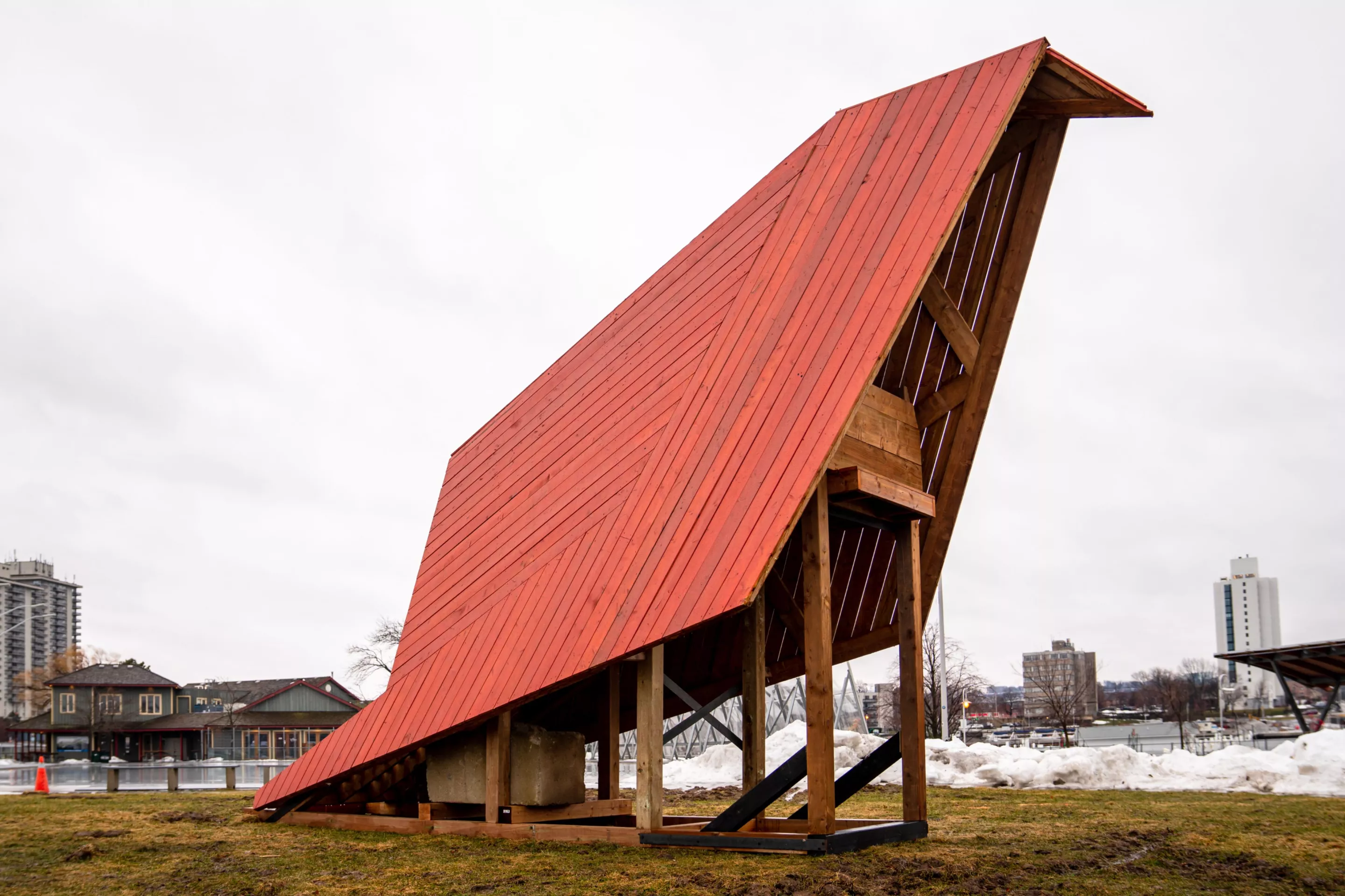 Wildlife-guard Chair, by Mickael Minghetti and Andres Jimenez Monge from France and Canada, is an arty angular structure inspired by Canada's northern cardinal bird
