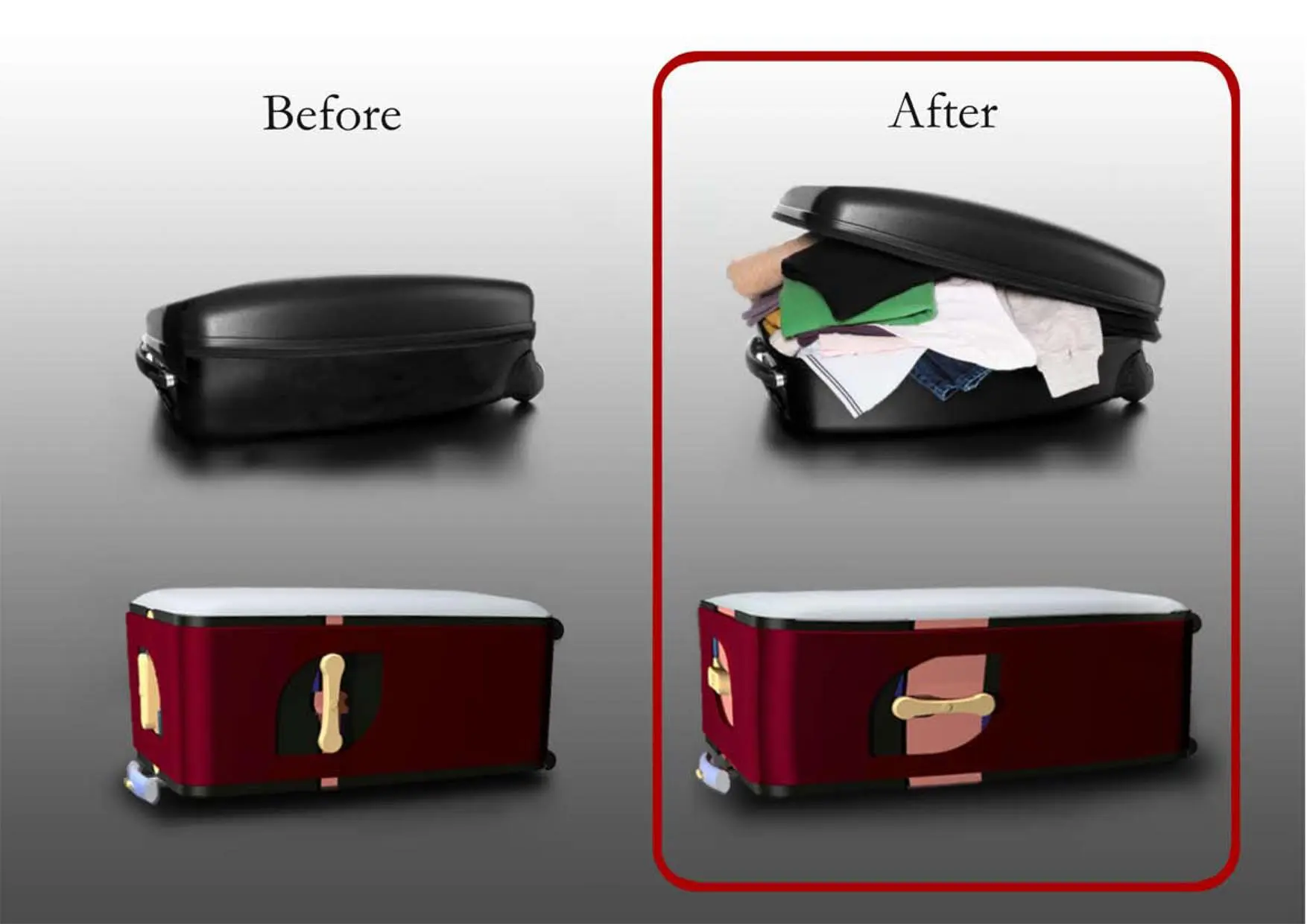 Sum is about getting the travel baggage volume bigger by changing the form, it works by just turning and pressing the button