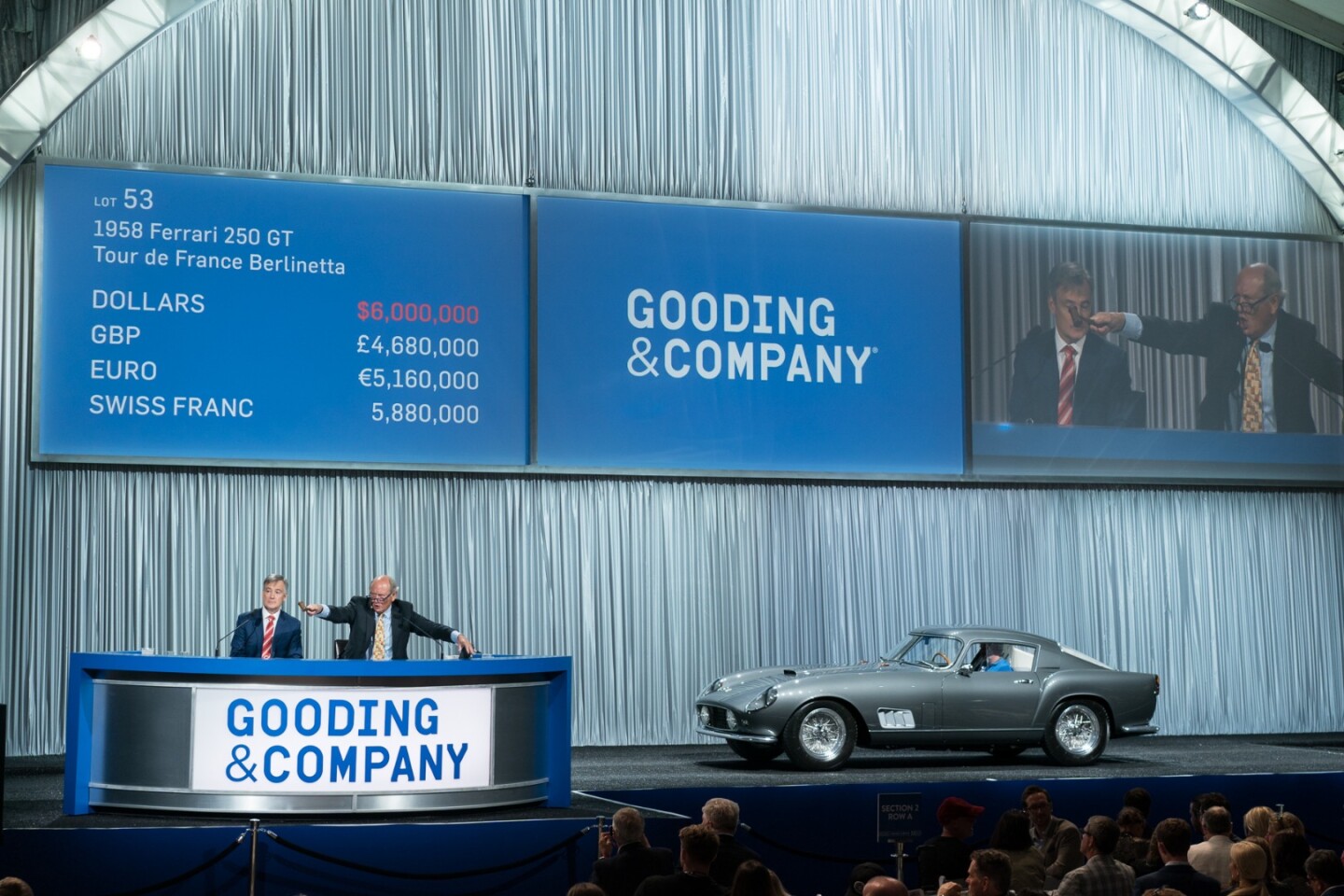 2018 Monterey Car Week Auction Report | Coming out of 52 years of ownership by noted Ferrari Collector Fred Peters, this 1958 Ferrari 250 GT Tour de France Berlinetta has unique competition and coachwork features, and was raced in period in the 1958 Targa Florio. Having now had an exceptional concours-quality restoration, it has participated in the Colorado Grand, Monterey Historics, and the Shell Historic Ferrari-Maserati Challenge. Sold for $6,600,000 | Estimate: from $6,500,000 to $7,500,000 | Auction: Gooding & Co | Lot 053 | Official Description