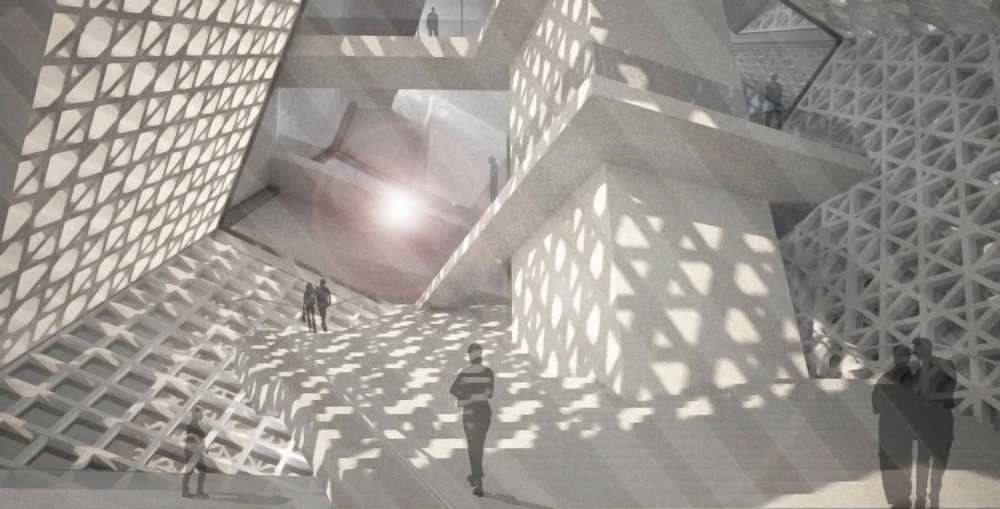 The structure's interior boasts a multi-level space that is connected through a central point (image: OODA)
