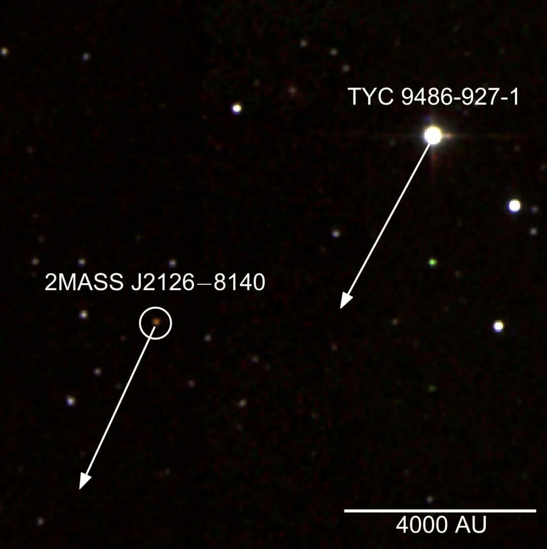 False colour infrared image of TYC 9486-927-1 and 2MASS J2126. The arrows show the projected movement of the star and planet on the sky over 1000 years