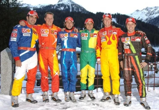 The Ferrari F1 and Ducati MotoGP racers get together on the slopes - Marc Gené, Michael Schumacher, Luca Badoer, Felipe Massa, Sete Gibernau and Loris Capirossi
