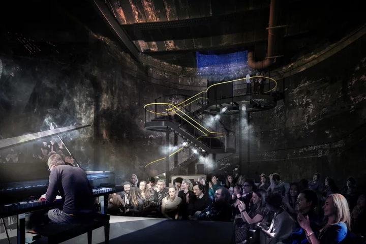 A freestanding cantilevered staircase will give visitors views of Brunel's Rotherhithe Shaft when it is reopened as a performance space (Image: Tate Harmer)