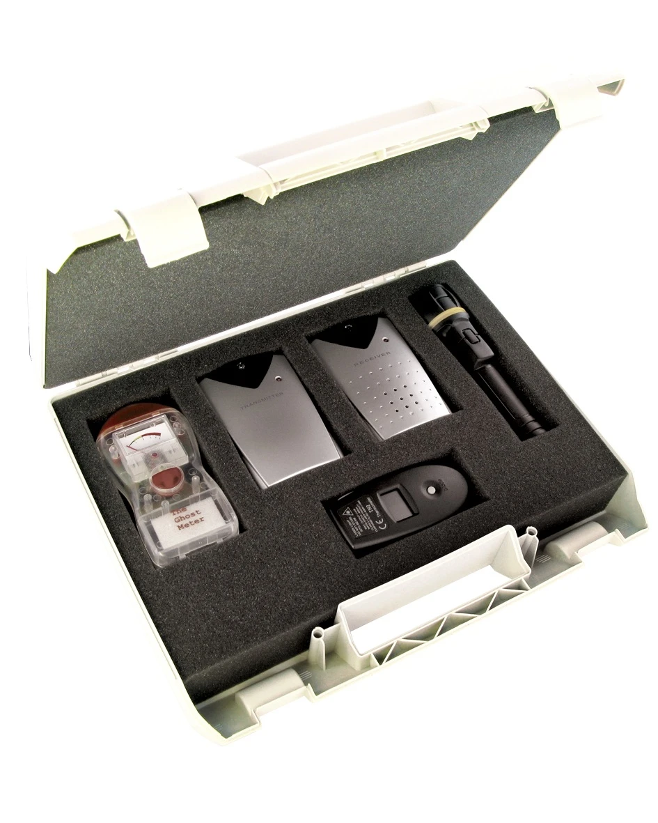 A ghost-hunting starter kit offered by TomsGadgets, including an EMF meter, beam barrier alarm set, infrared thermometer, and flashlight