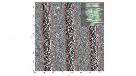 High concentrations of triangular DNA origami binding to wide lines on a lithographically patterned surface; the inset shows individual origami structures at high resolution