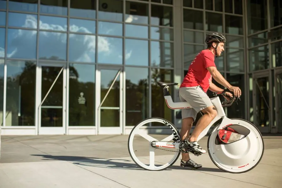 Since they didn't have much of a budget for their project, the designers were forced to build the bike mainly from plywood and glue, with only a handful of steel supports in particularly breakable areas