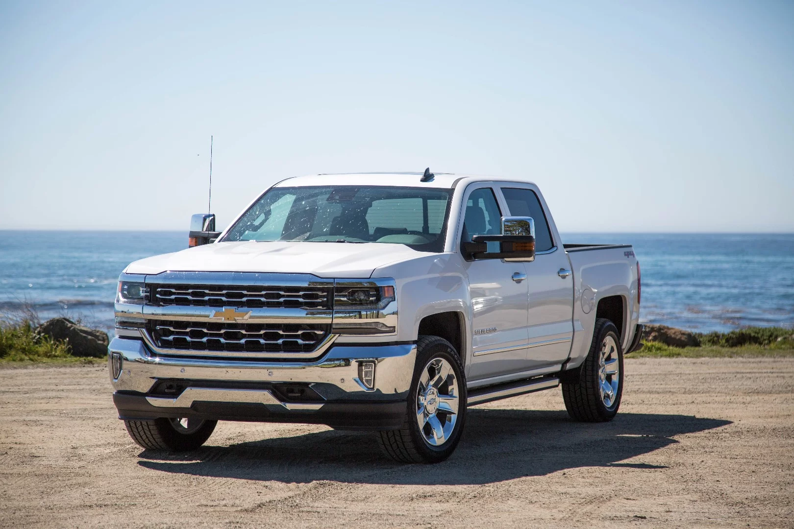 The Chevrolet Silverado 1500 LTZ, complete with bug-spattered windscreen, on California's Route 1