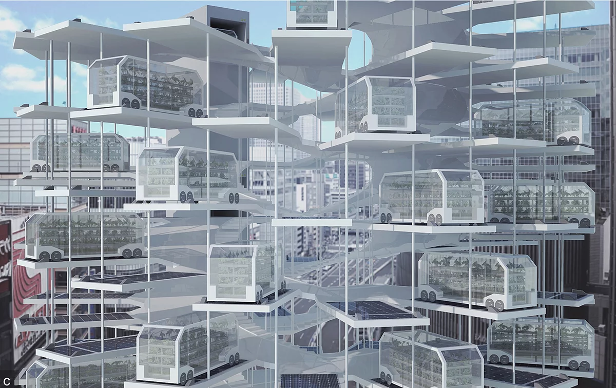 Level 5 Autonomous Green Dock Skyscraper, by Tony Leung, is a concept for a huge vertical farm with electric vehicles that deliver produce to markets