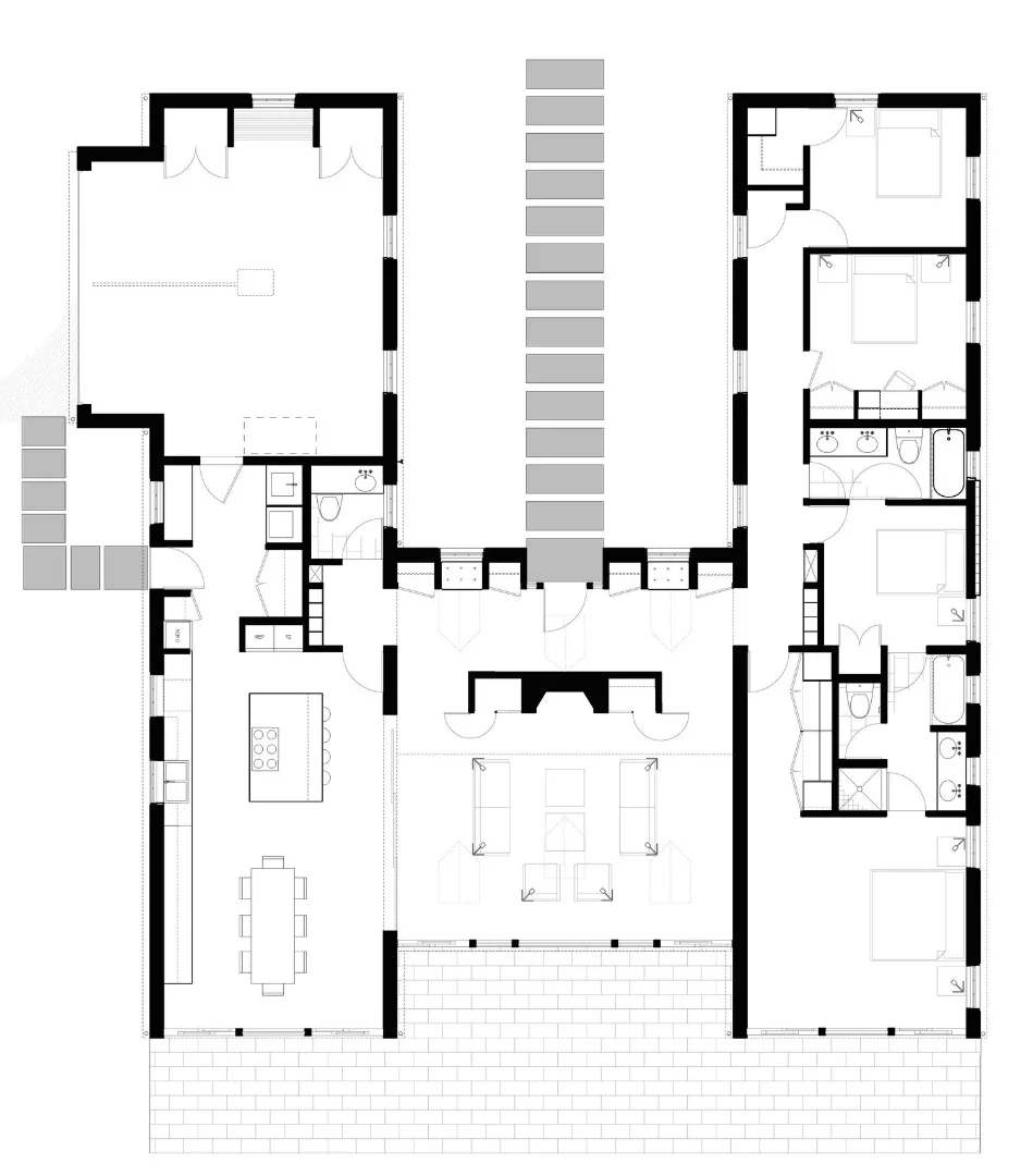 The living areas are located on one side of the "H," while the sleeping areas are on the other