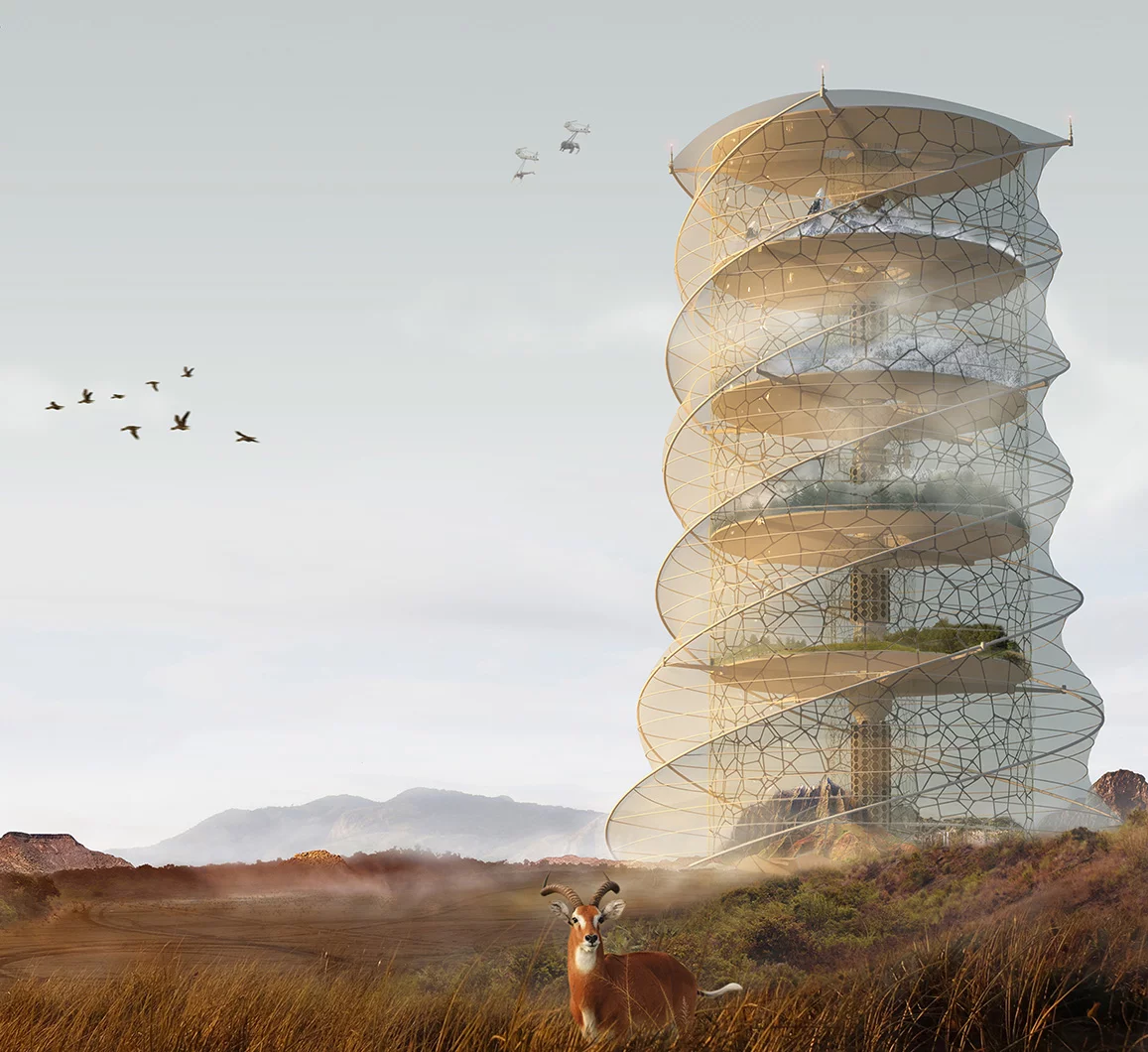 Creature Ark: Biosphere Skyscraper, by the UK's Zijian Wan, Xiaozhi Qi and Yueya Liu, came third. The concept envisions a vertical nature reserve
