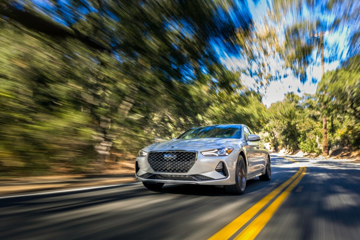 The 2019 Genesis G70 has two engine options, including a 2.0-liter turbocharged four-cylinder that outputs 252 horsepower (188 kW) and a 3.3-liter twin-turbocharged V6 that outputs 365 horsepower (272 kW)