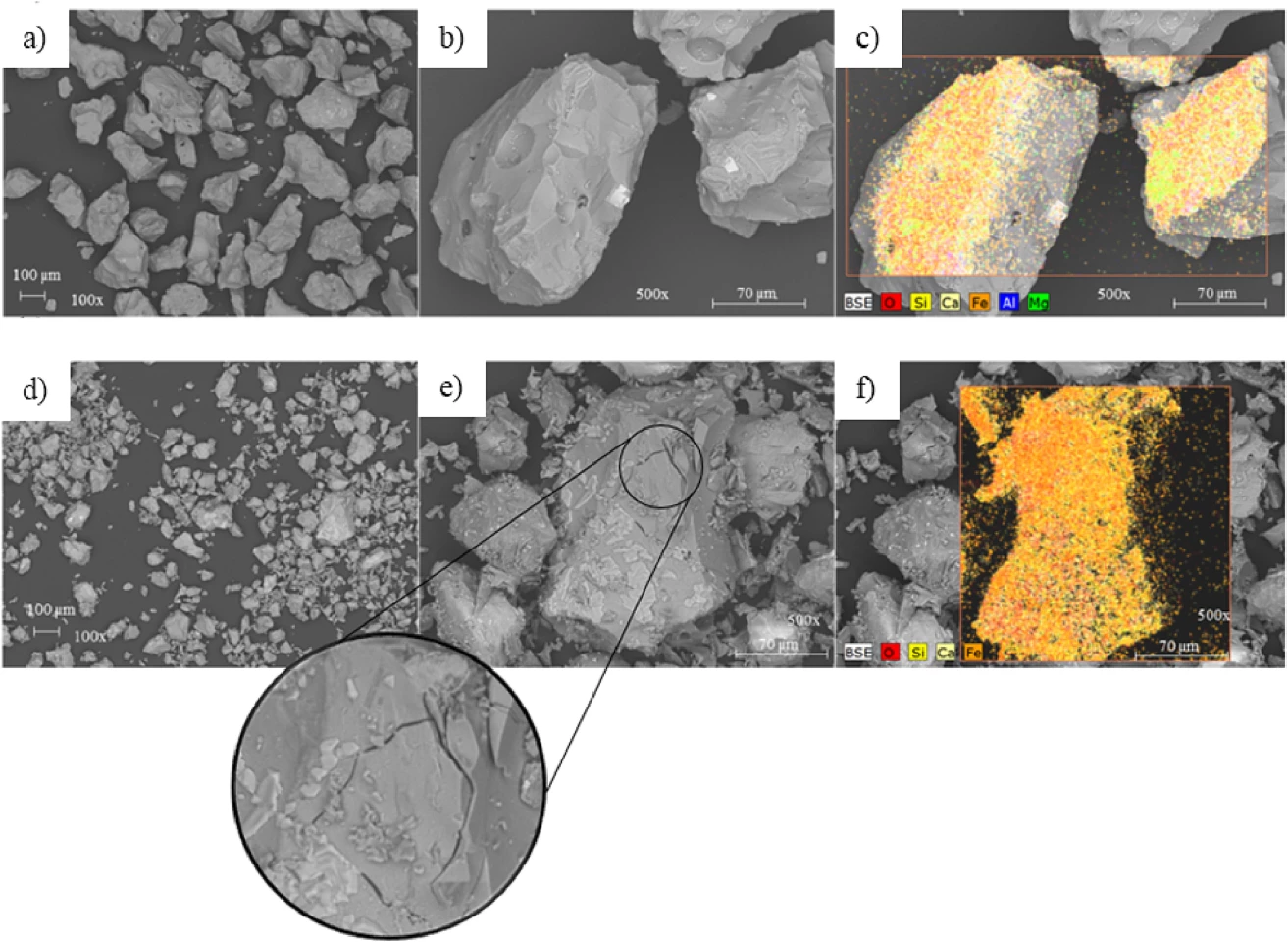 SEM and EDS images of volcanic ash as received and after 1,000 heavy thermal cycles