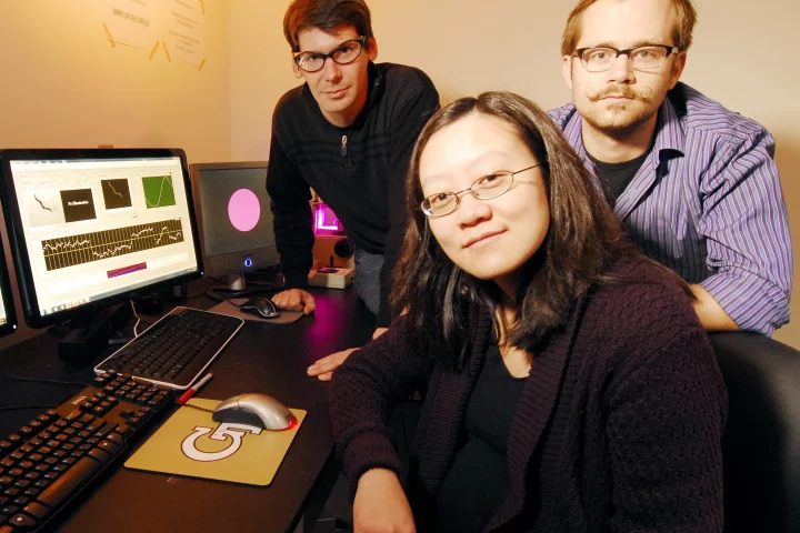 Georgia Tech graduate student Jeffrey Stirman, School of Chemical & Biomolecular Engineering associate professor Hang Lu, and graduate student Matthew Crane (left-right) (Image: Gary Meek)