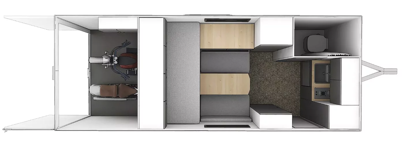 The bird's eye view shows the Cube 5's bathroom and kitchen layout