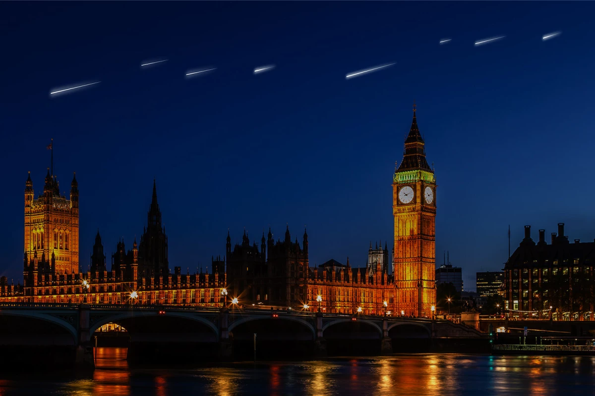 A render of a Sky Canvas artificial meteor shower over London – although we have to wonder if they would really be this bright over a city
