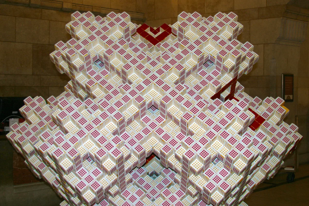 The Mosely Snowflake fractal, made from 49,000 folded business cards