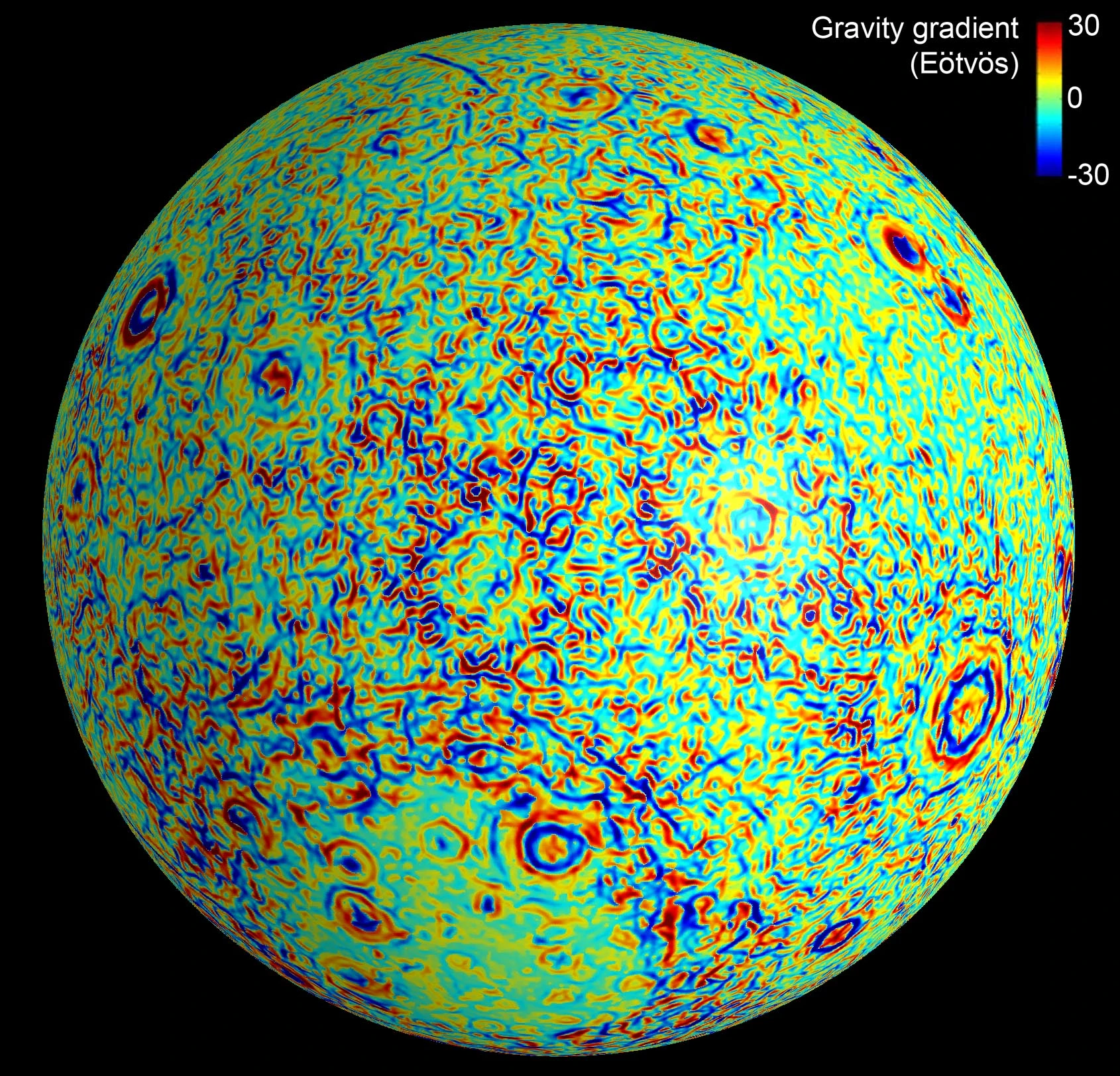 Map of lunar gravity gradients calculated by NASA's GRAIL mission (Image: NASA/JPL-Caltech/CSM)
