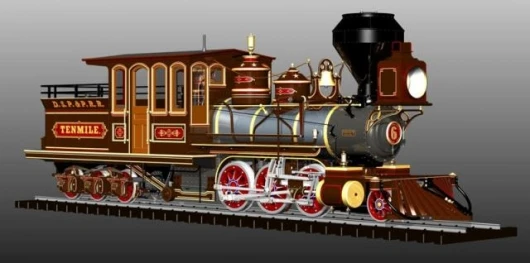 Gould’s full-color 3D CAD model of the 1879 Mason Bogie steam locomotive, is rendered in SolidWorks and PhotoWorks software