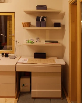 The interior heating system utilizes infrared panels that are placed in the living room, bedroom and bathroom