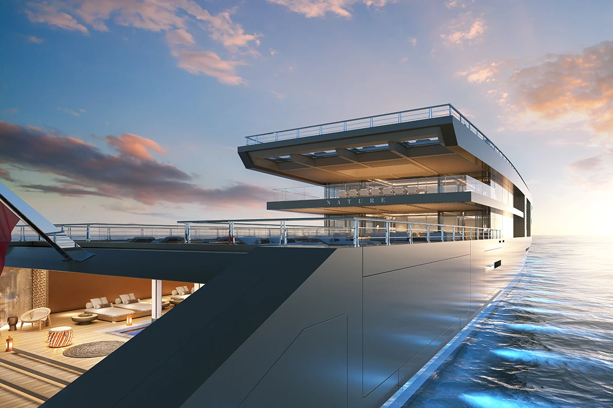 The Sinot design team used the geometrical lines of the yacht to harmonize the vessel with its marine environment