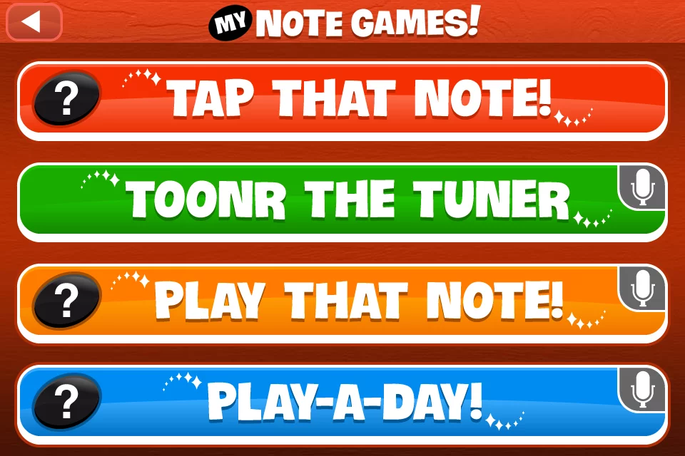 The game menu of the My Note Games app