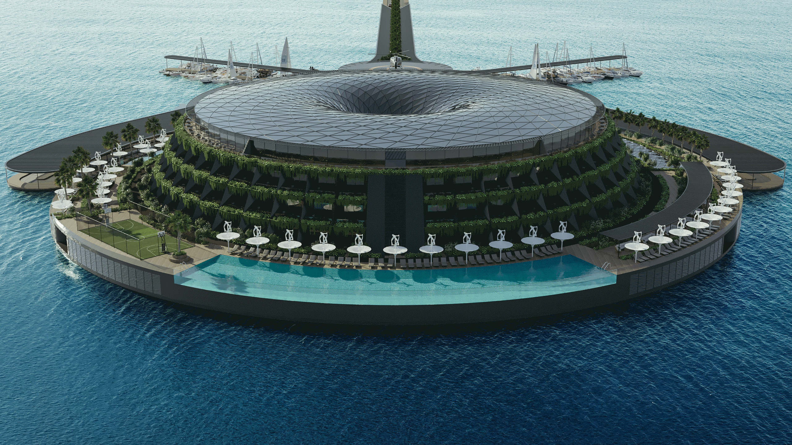 Though this animation shows the Eco-Floating Hotel spinning like a record, it would actually rotate at a sedate speed and take 24 hours to complete a revolution