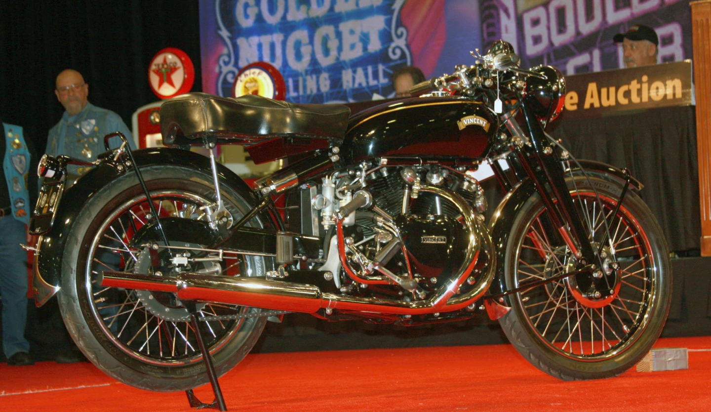 This 1950 Vincent Black Shadow sold for $90,950 at Mid America's January, 2011 Las Vegas auction. Image: Somer Hooker