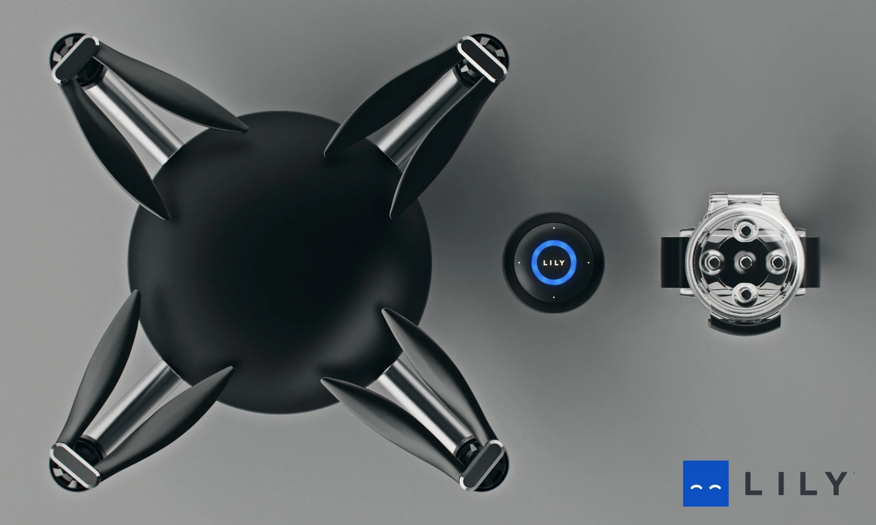 Lily's electronics are housed in a smooth dome fashioned from black polycarbonate