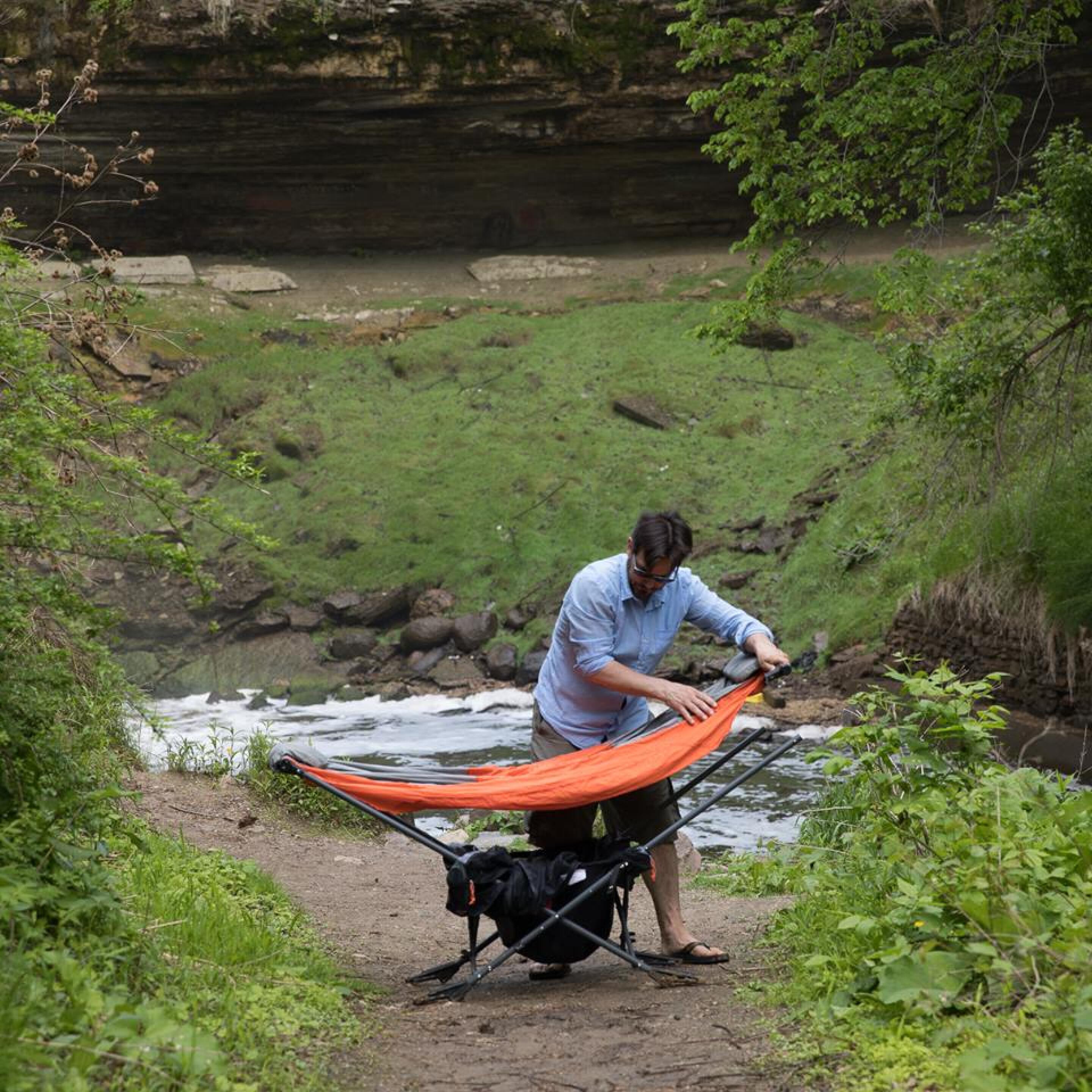 Folding camping hammock travels light and sets up without the trees